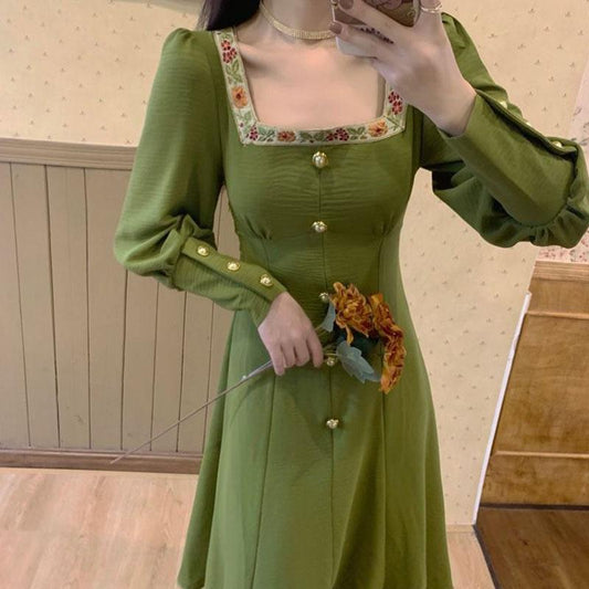 French Dress Design Sense Waist Stalk Orange First Love Skirt Sen Style Gentle Wind Temperament Over-the-knee Long Skirt