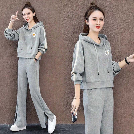 Solid Color Sports Suit Women's Cotton Spring and Autumn Leisure Sports Suit Hooded Long-sleeved Sweater Wide-leg Pants Two-piece Set