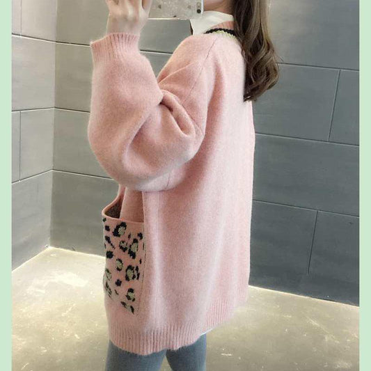 Spring and Autumn V-neck Jacket Knitted Cardigan Leopard Print Top Mid-length Casual Female Student Sweater