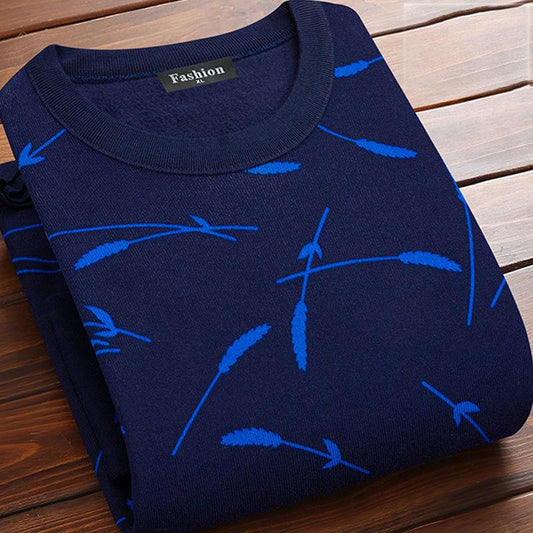 Autumn and Winter Men's Plus Velvet Padded Sweater Men's Warm Hedging Round Neck Long-sleeved Shirt Sweater Printing Casual Clothes