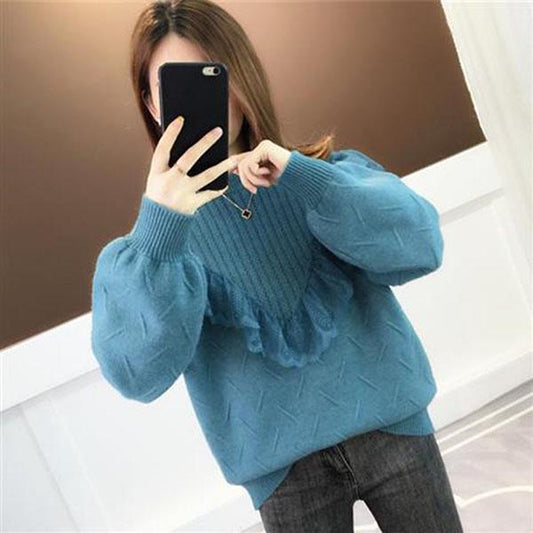 Casual Style Sweater Spring and Autumn Loose Lace Trim Bottoming Shirt Fashion Simple Female Top