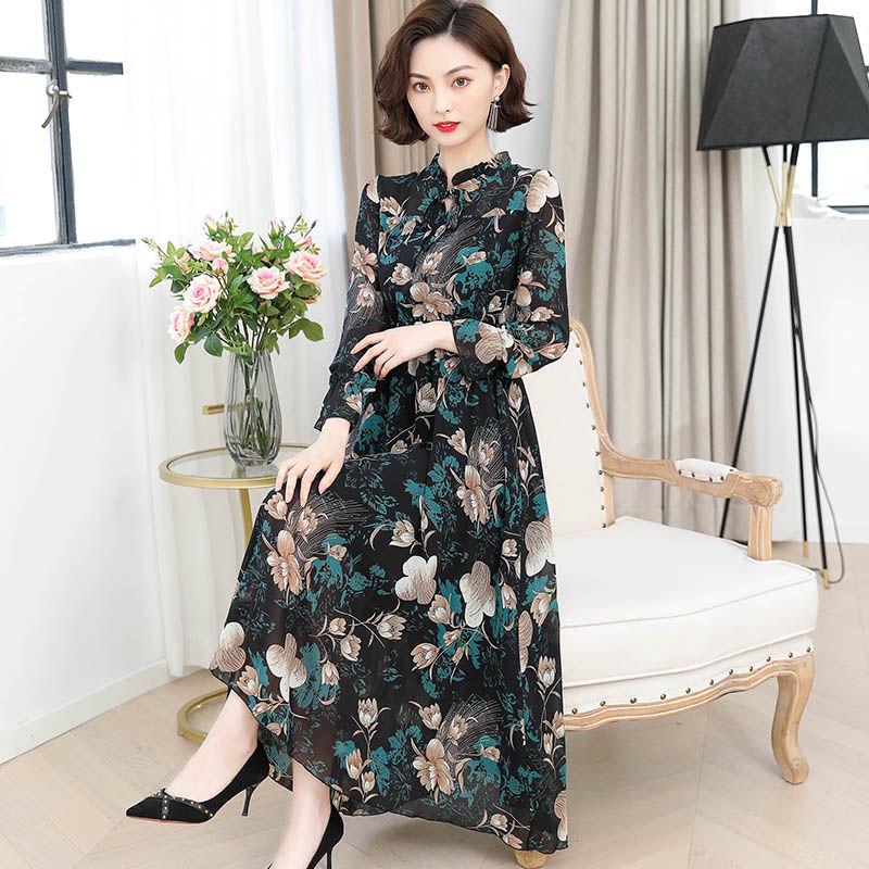 Fashion Chiffon Printed Large Size Long Skirt Spring and Autumn Floral Long-sleeved Dress Women