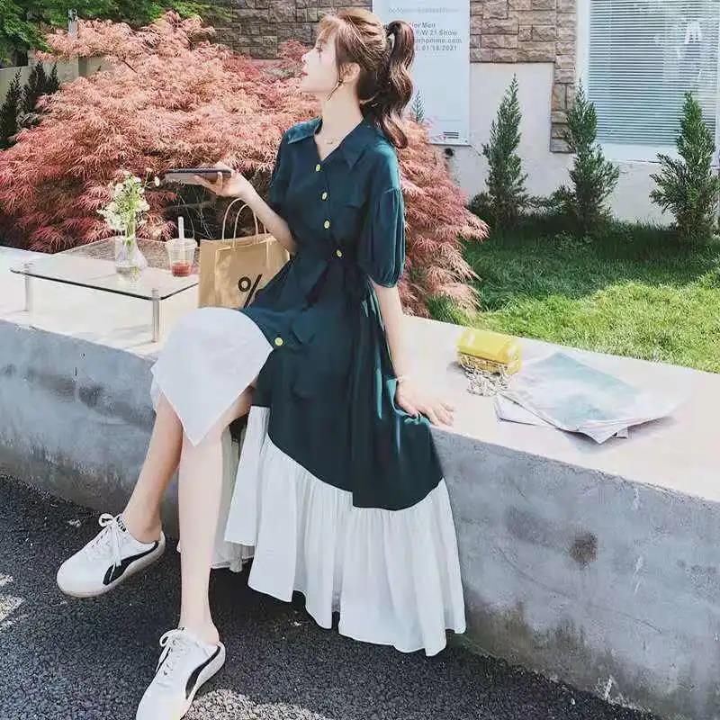 Mid-calf S-XL T-shirt Dress with Belt Loose Turn-down Collar Casual Irregular Ruffle Hem Dress