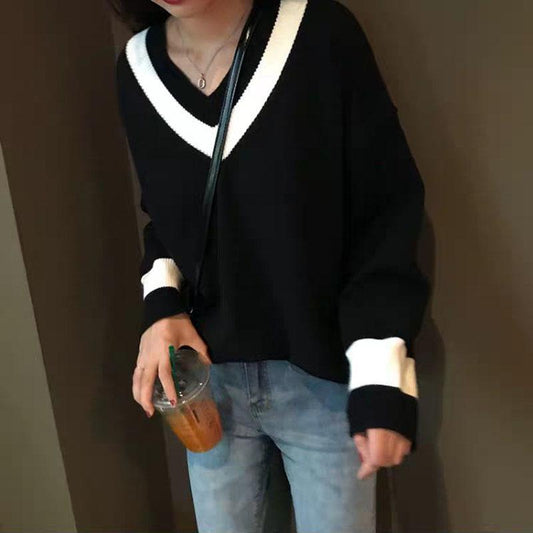 Autumn and Winter Loose Casual Sweater Fashion All-match Pullover Tops V-neck Short Women's Bottoming Shirt