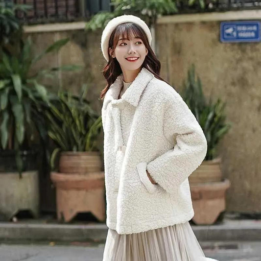 White Sweet Faux Lamb Wool Jacket Women Plus Velvet Thick Autumn and Winter Loose Sweater Warm Cardigan Jacket Casual Jacket