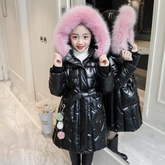Girls Mid-length Warm Cotton Coat Korean Windproof Cotton Jacket Glossy Wash-free Padded Jacket