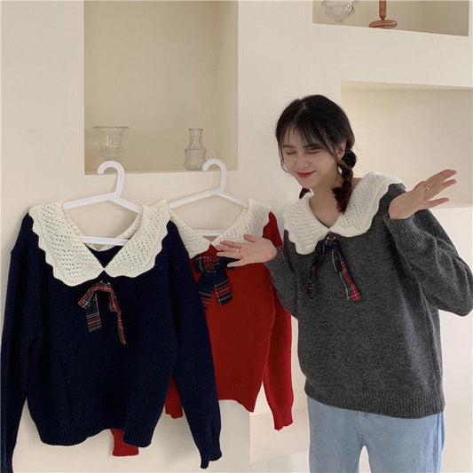 Autumn Winter Fashion Plaid Bow-knot Long-sleeved Solid Color Pullover Blouse Loose Sweater Casual Women