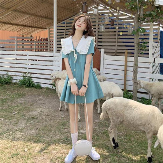 Cute Sweet Girl Ruffle College Style Age Reduction Looser Short Sleeve Dress