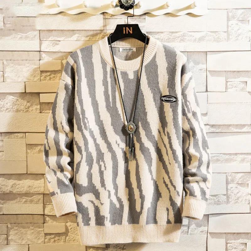 Autumn and Winter Knit Sweater Loose Sweater Zebra Striped Retro Color Matching Sweater Suitable for Students and Young Men