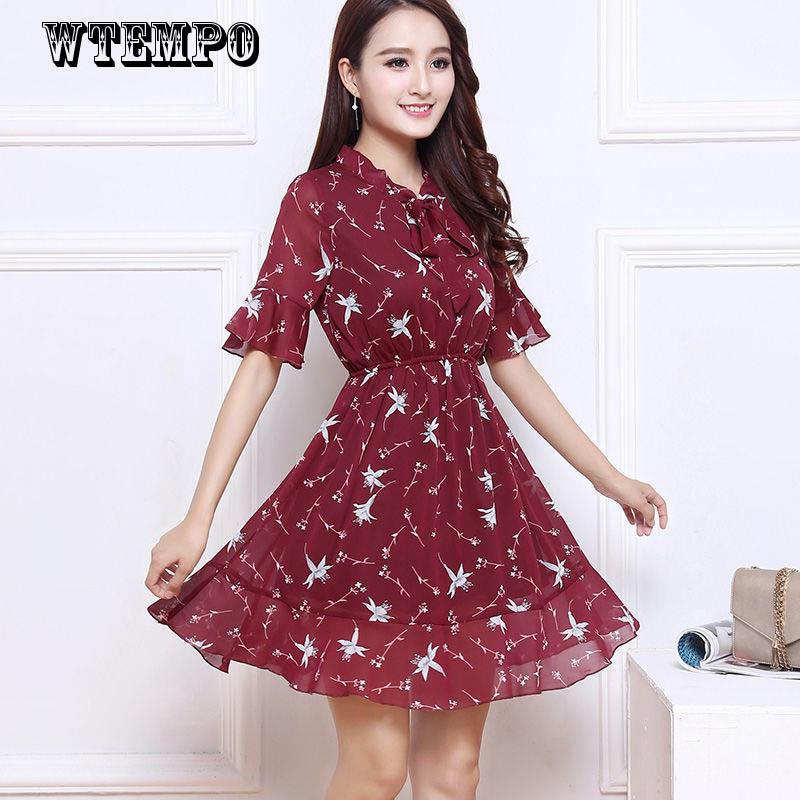 Large Size Women's Slim Printed Skirt Short-sleeved Floral Dress Female Spring and Summer