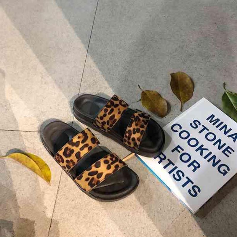 European and American Harajuku Style Student Fashion Outer Wear Leopard Print Slippers Female Summer Platform Double Strap Beach Sandals