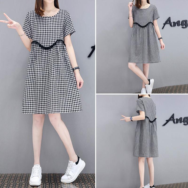 Plaid Lace Skirt S-XXXL Summer Cotton Neckline Round Short-sleeved Knee-length A-line Dress