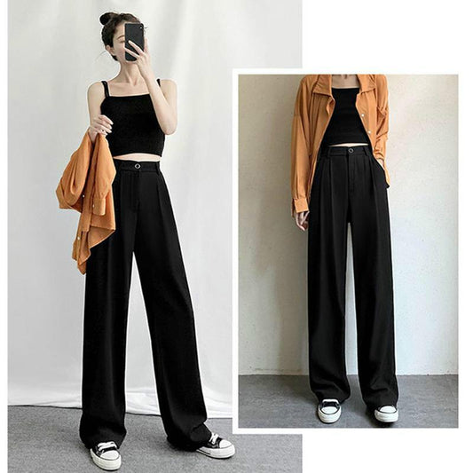 WTEMPO Mid Waist Pure Color Suit Pants Women's Wide-leg Pants Super Long Elastic Waist Straight Loose Casual and Elegant Daily
