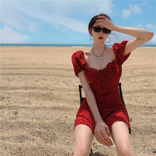 One-Shoulder Puff Sleeve Leopard Dress Women's Summer Slim Skirt