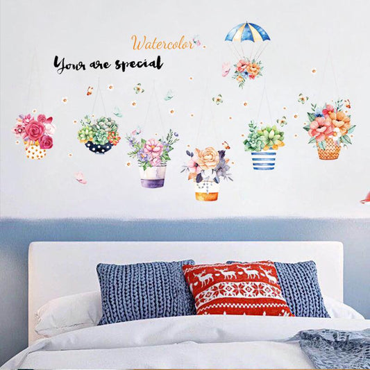 Cartoon colorful potted basket corridor landscaping decorative background green wall stickers