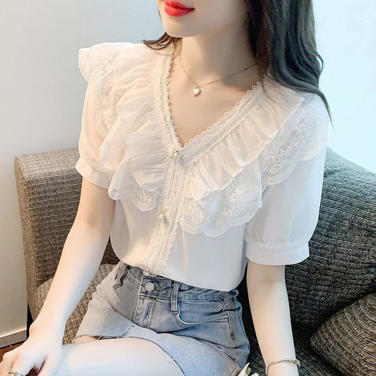 Chiffon Shirt Women's Summer Solid Color Temperament Foreign Style V-neck Shirt Ruffled Lace Short-sleeved Top