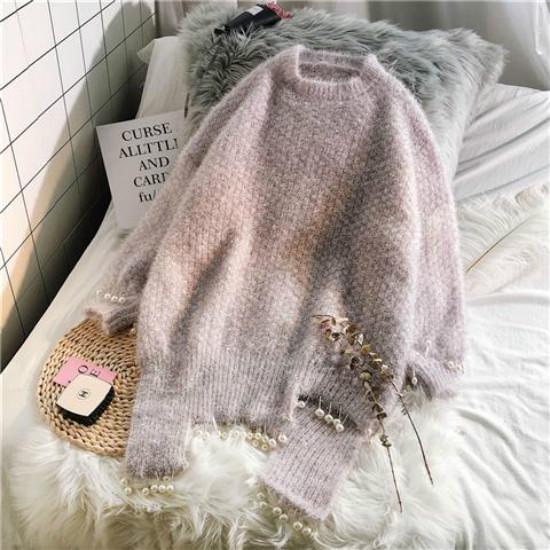Beads Tassel Knitwear Women Loose Bling Silk Crew Neck Irregular Hem Pullover Sweater Dress