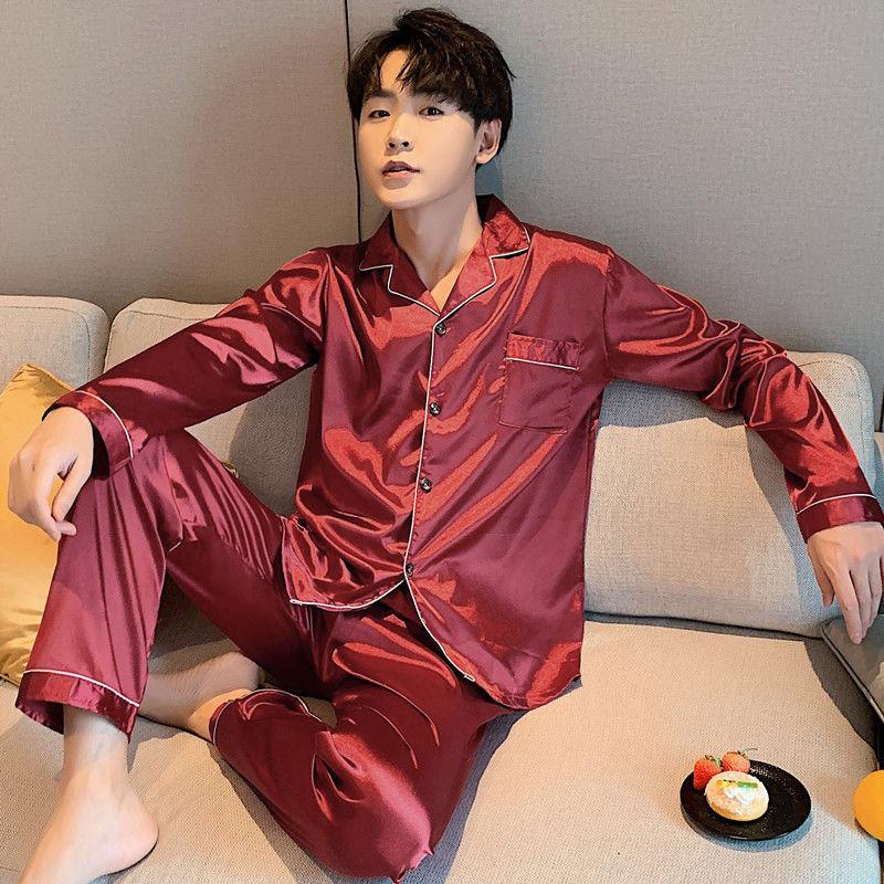 Plus Fat Plus Size Men's Pajamas Spring and Autumn Long-sleeved Ice Silk Thin Korean Home Service Two-piece Suit