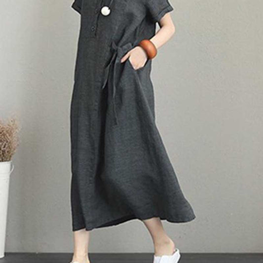 POLO Collar Cotton Linen Lapel Short Sleeve Loose Pocket Temperament Women's Casual Dress