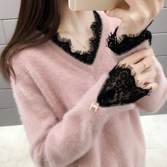 Fake Two Pieces V-neck Sweater Women's Lace Stitching Loose Pullover Thickening Sweater