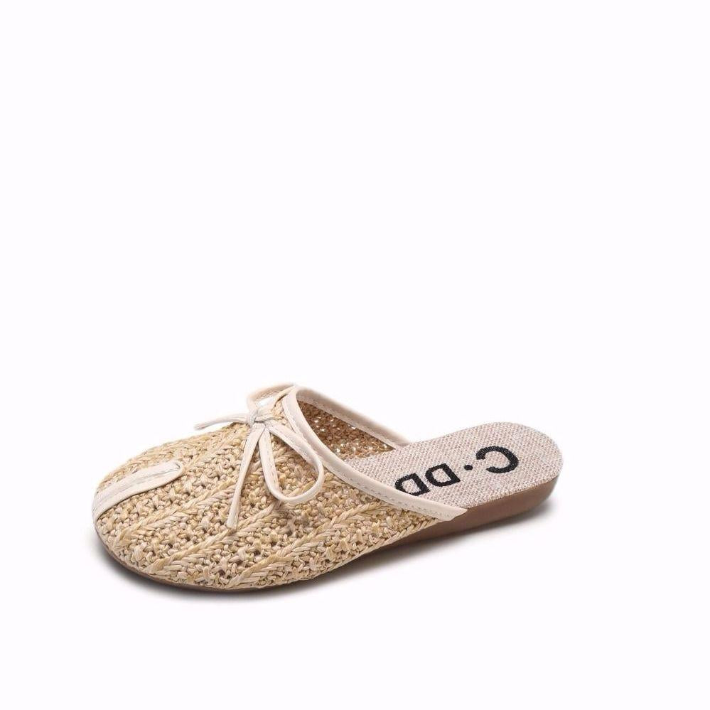 2020 Mesh Half Slippers Female Summer Hollow Linen Woven Bow Bow Lazy Outdoor Sandals and Slippers Female Summer