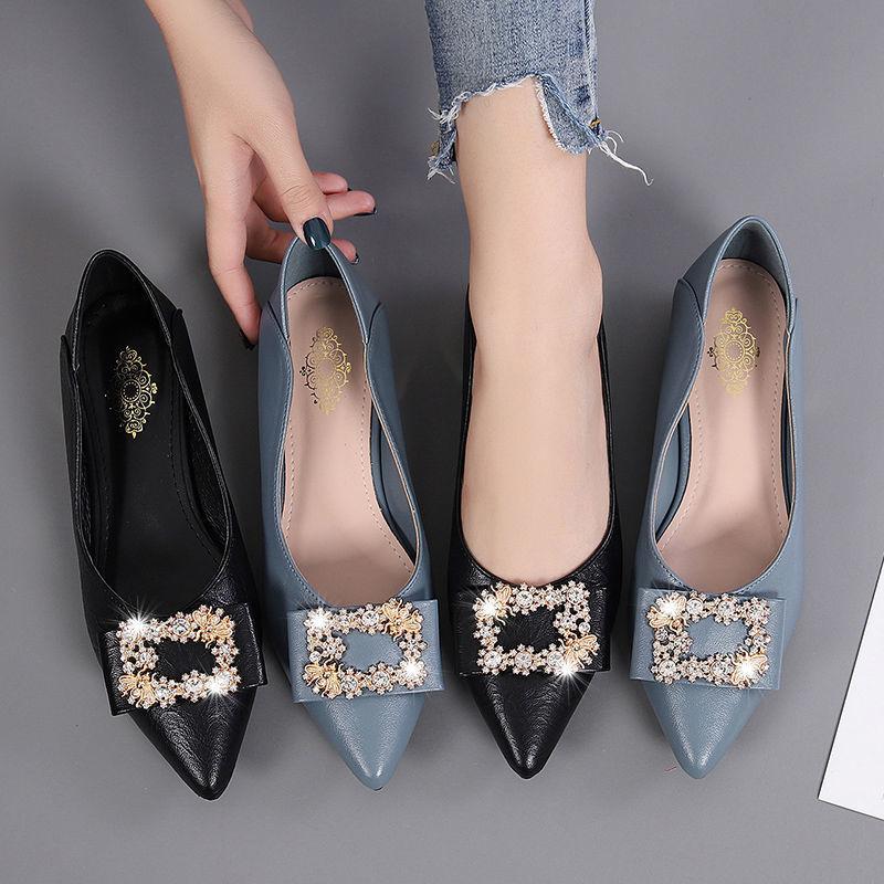 Real Soft Leather Shallow Mouth Thick Heel Pointed Toe Single Shoes Women Spring and Autumn All-match Rhinestone Flat Shoes