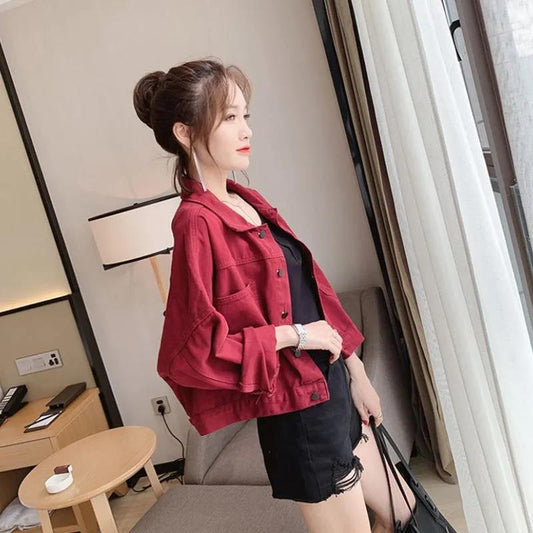 Wine Red Loose and Thin Korean Version BF Style All-match Jacket Long-sleeved Short Denim Casual Jacket Women's Top