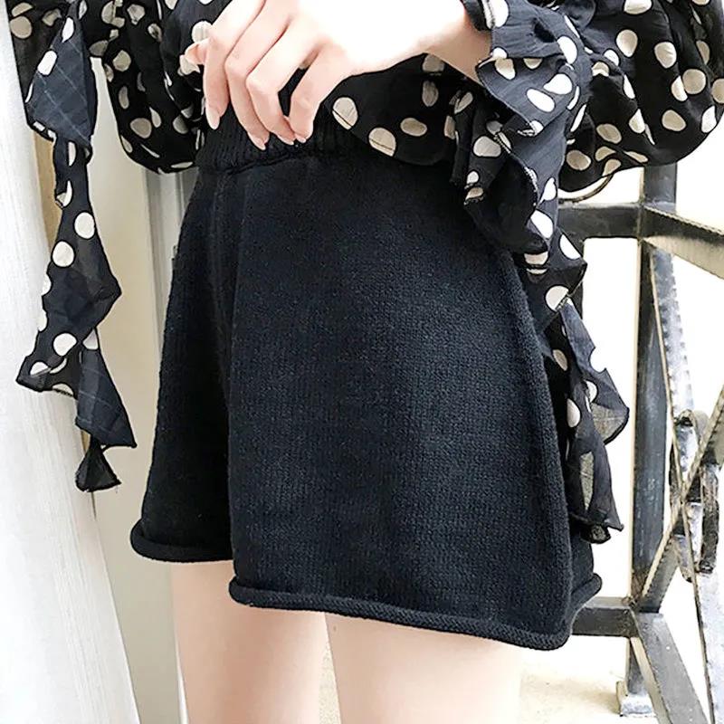 Autumn and Winter Models of Solid Color All-match Curled Elastic High Waist Wide-leg Knitted Temperament Casual Shorts Women's Loose Outer Wear