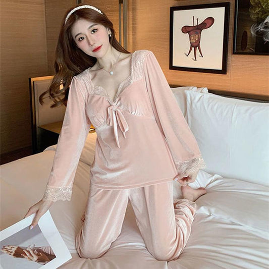 Women's Autumn Winter Sexy Velvet Long-sleeved Pajamas Suit with Chest Pad V-neck Lace Stitching Sweet Homewear Solid Bowknot Lace Edge Nightgowns