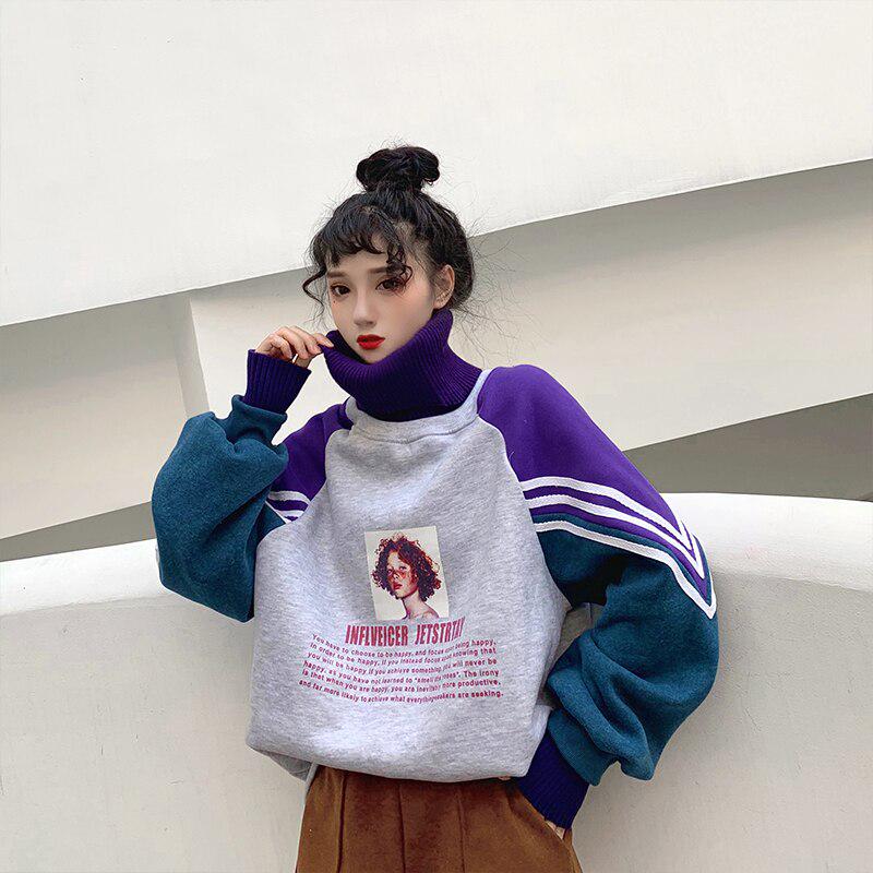 Women Turtleneck Thicker Plus Velvet Warm Harajuku Printed Pullovers Patchwork Chic Sweatshirts