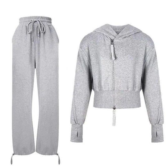 2PCS Women's Spring and Autumn Hooded Sweater Suit Ladies Waist Thin Cardigan + Legging Casual Sports Pants Two-piece Student Fitness Jogging Suit