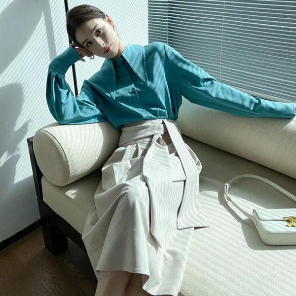 Women's Blue White Yellow Shirts Button Lapel Cardigan Tops Lady Loose Long Sleeve Oversized Shirt Women's Casual Blouses