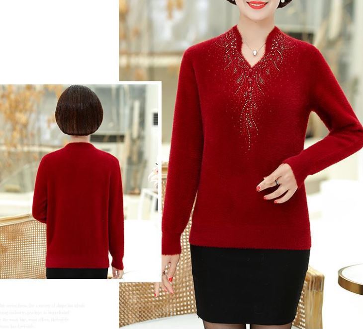 Mink Velvet V-Neck Sweater Fashionable Diamond Slim Fit Knit Sweater Warm Large Size Long Sleeve Knit Sweater