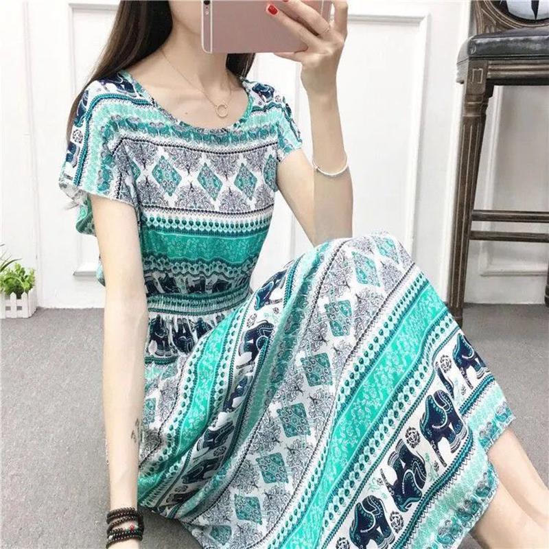 Large Size Round Neck Dress Cotton Silk Floral Dress Seaside Vacation Cotton Skirt Fairy Skirt Large Size Printed Vest Mid-length Skirt