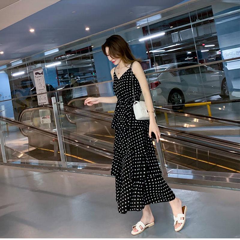 Fashion Summer Polka Dot Dress V- Neck Spaghetti Strap Dress Chiffon Dress Sleeveless A-line Dress