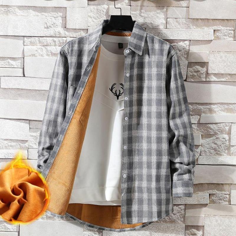 Men's Warm Shirt Autumn and Winter Plaid Plus Velvet Padded Shirt Long-sleeved Hong Kong Style Youth
