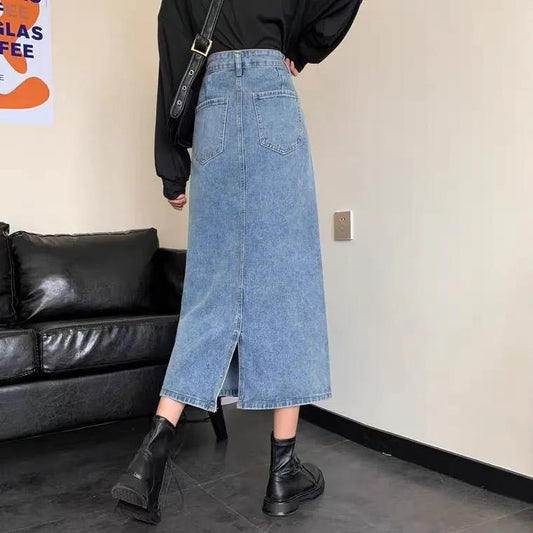Korean style Retro All-match Slit Denim Skirt Women's High Waist A-line Slim Mid-length Skirt Spring and Autumn Slit Denim Jeans Skirt