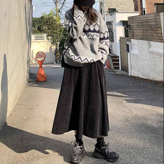 Japanese College Style Retro All-match Black Corduroy Skirt Female Was Thin High-waisted A-line Skirt Umbrella Skirt