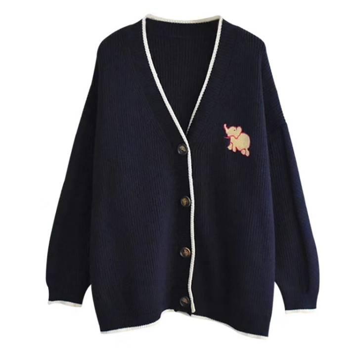 Knitted Cardigan V-neck Winter Clothes Coat Baby Elephant Embroidered Sweater Students