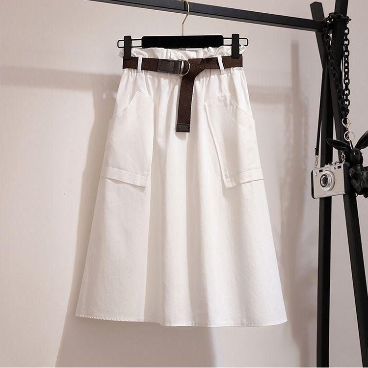 High Waist Midi Skirts Solid Pockets A-Line Casual Ladies Bottoms Trendy Female Skirts with Sashes 2020 for Women