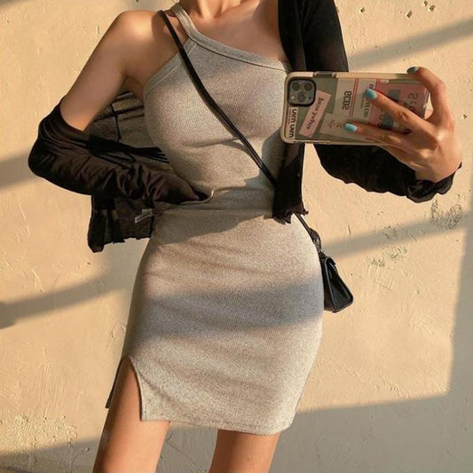 Asymmetric Grey Black Knitted Dress Solid Color Sexy Tight-fitting High Elasticity Sleeveless Summer Bare Shoulders