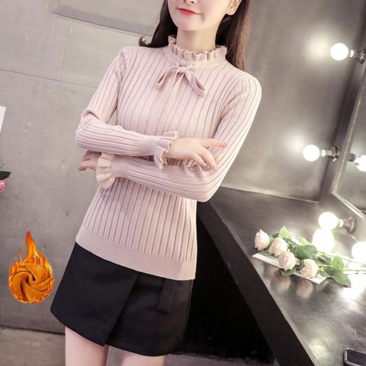 Bowknot Plus Cashmere Korean Knit Sweater Autumn and Winter Long-sleeved Slim Pullover Sweater Wood Ear Bottoming Shirt