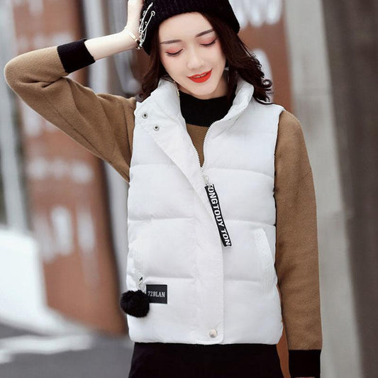 Autumn and Winter Short Stand-up Collar Down Cotton Vest Loose Large Size Solid Color Vest Thick Sleeveless Women's Jacket
