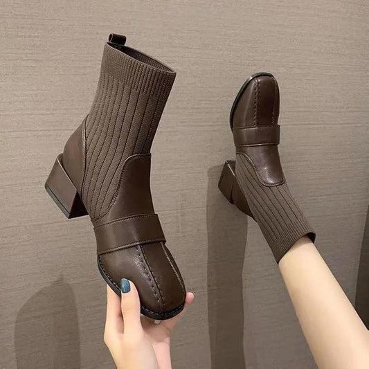 Women's Thick-heeled Autumn Short Boots Women's Mid-heel Socks Boots British Short Martin Boots Soft Leather Comfortable