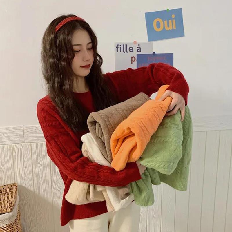 Winter Autumn Acrylic Women's Knitted Sweater Twist Pullover Loose Style Women's Long-sleeved Round Neck