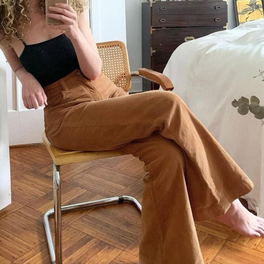 Women's Corduroy Flare Pants High Waist Pocket Solid Long Pants Casual Loose Elegant Bell Bottoms Trousers Female