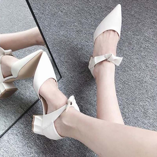 Women's Shoes Pointed Toe Hollow Bow 5cm High Heels Female Students Thick Heel Sexy Fashion Single Shoes