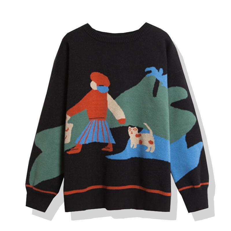 Vintage Autumn Winter Women Cartoon Printed Sweater Student Loose Casual Pullover Sweater All-match Knitwear Coat Outer Wear
