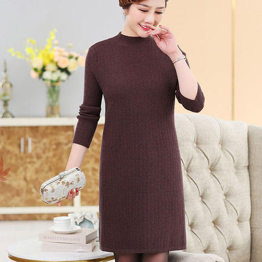 Autumn Winter Medium Long Plover Dress Pure Color Leisure Contracted Bottom Skirt Dress Middle-aged Female Sweater Dress