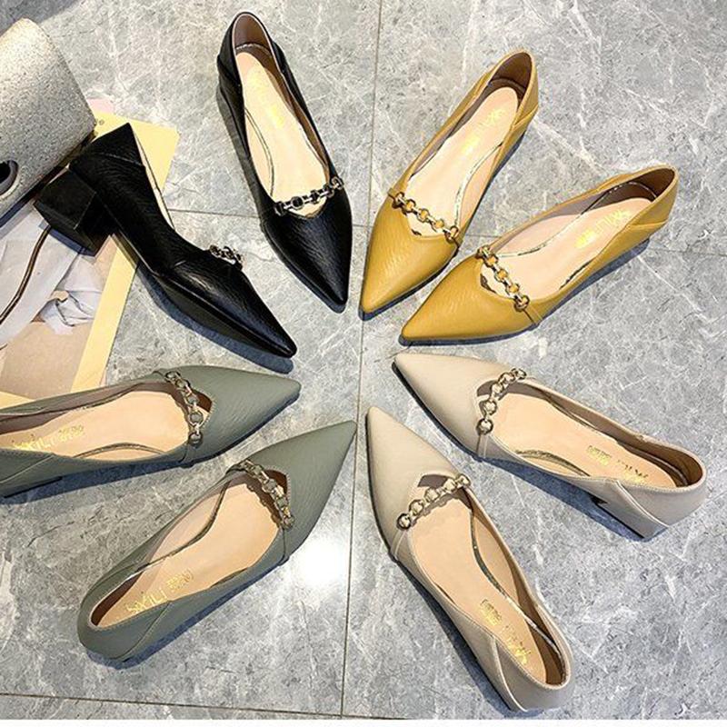 High Heels Women's Thick Heel Spring and Autumn All-match Pointed Toe Fashion Soft Leather Mid-heel Shoes